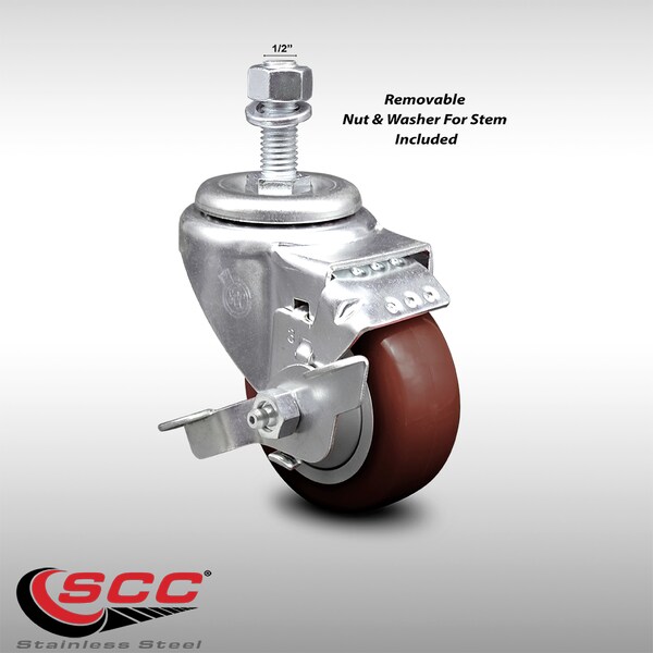 Service Caster 3 Inch SS Maroon Polyurethane Swivel 1/2 Inch Threaded Stem Caster with Brake SCC SCC-SSTS20S314-PPUB-MRN-TLB-121315 - main